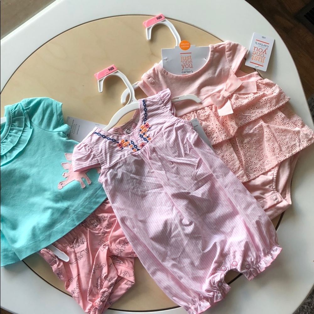 Carters Dino,  stripe romper, pink lace eyelet